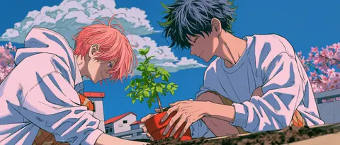 蓝天粉樱的校园屋顶园艺 / Two students planting one sapling in a rooftop garden bed, a pink-haired · Panoramic