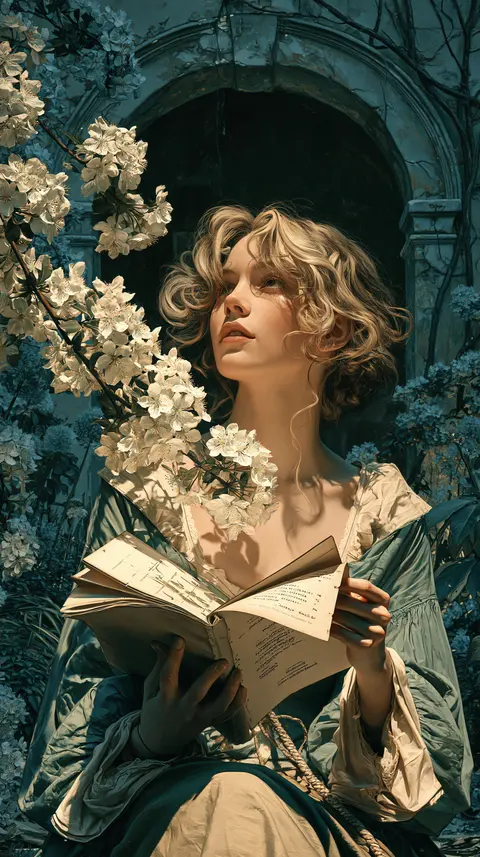 古园里的植物档案员 / adult curator holds a folded herbarium sheet beneath a flowering branch in · Portrait