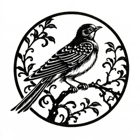 黑白繁纹的燕子茶树徽记 / One large swallow perched within a circular tea branch, its uninterrupted · Square