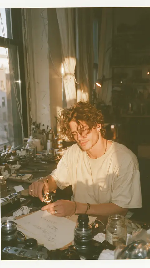 金窗暮光的老式照相机修理人 / camera repairer holding one small lens beside a tall old window, hair and · Portrait