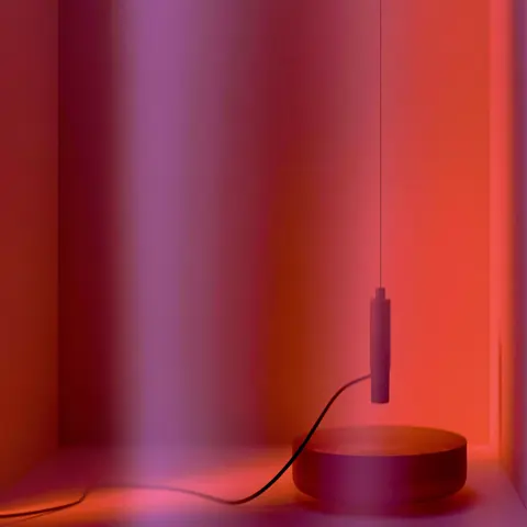 紫焰低语 · 新创作方幅 / empty recording booth contains a suspended microphone facing a shallow bowl · Square