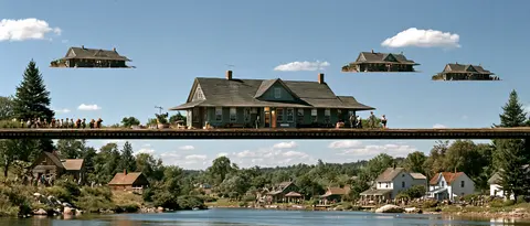 复制碎景的旧车站云岛 / One old station building on a suspended platform, three smaller photographic · Panoramic