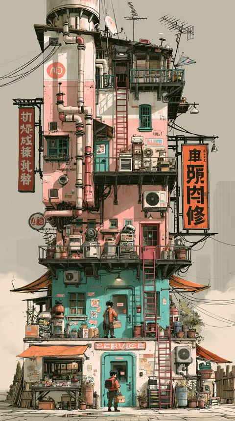 粉青机械的高台修理铺 / narrow mechanical repair shop stacked above a small service platform, one · Portrait