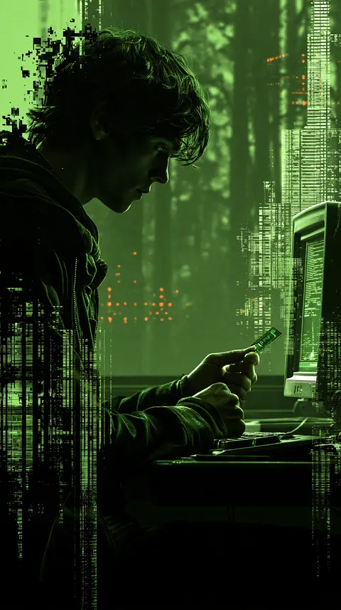 绿码暗林的旧终端操作员 / terminal operator holding one small data card beside an old monitor, the · Portrait