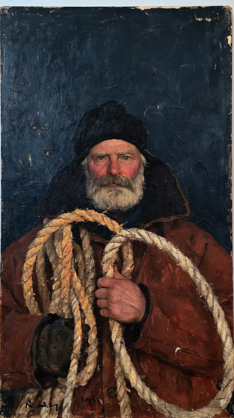 靛夜厚彩的老渔夫 / older fisherman with a beard holding one coiled rope against a brown coat, · Portrait