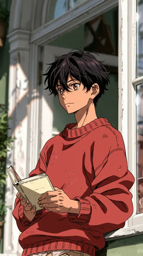 赤衣白昼的短发女书店员 / short-haired bookseller in a wine-red sweater holding one cream book at an · Portrait