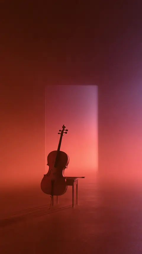 空房间里的大提琴 / single cello leans securely against a low stool in an otherwise empty room, · Portrait
