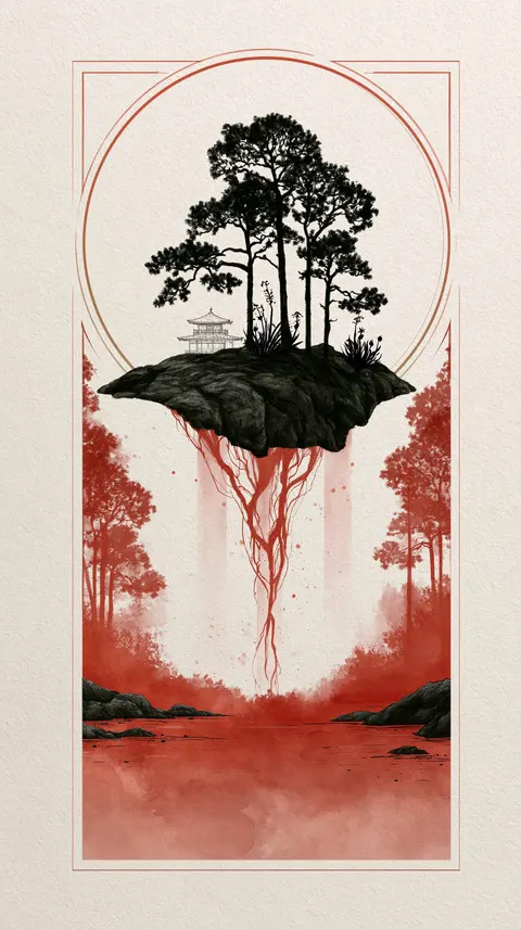 胭脂轻墨的悬浮茶山 / small floating tea hill suspended below a thin circular frame, one delicate · Portrait