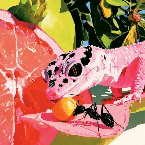 粉墙盛夏速写 · 新创作方幅 / gecko waits beneath the split skin of a fallen pomegranate, watching an ant · Square