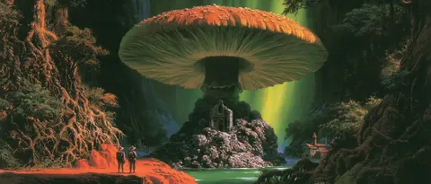 翠绿硫金的蘑菇峡谷 / One immense sulfur-yellow mushroom spanning a narrow emerald canyon, a tiny · Panoramic