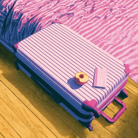 粉黄蓝晒旅行 · 新创作方幅 / empty holiday apartment contains a suitcase used as a bedside table, with a · Square