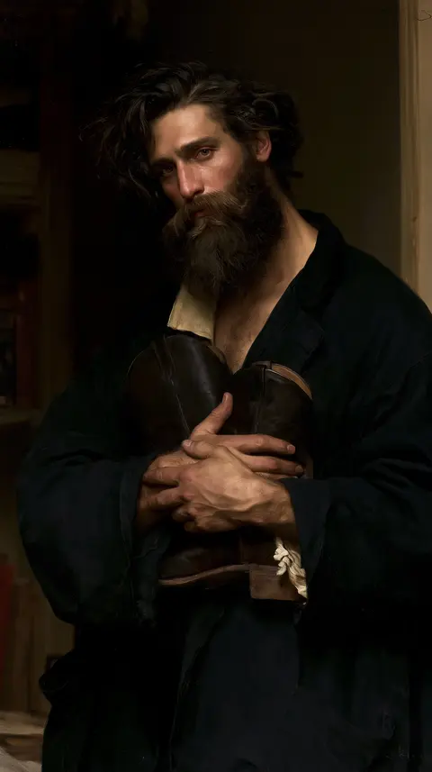 黑衣鞋匠的旧皮靴 / adult shoemaker in a dark work coat holds one leather boot across his chest, · Portrait