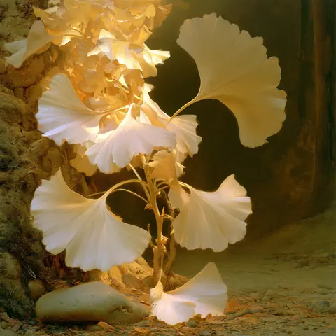 银杏的微风 · 方幅 / Ginkgo sapling spreads three clearly readable fan-shaped leaves · Square