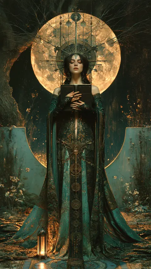 月园里的闭卷读者 / adult reader stands beneath a tree in a moonlit garden holding one closed · Portrait