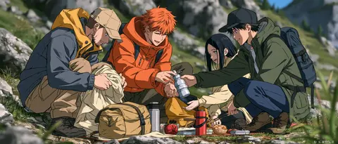 旅途群像漫的山路野餐准备 / Three travelers arranging a small picnic beside a mountain trail, one · Panoramic