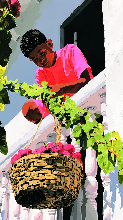 粉墙盛夏速写 · 新创作竖幅 / gardener on a balcony lowers a basket of ripe figs toward an unseen · Portrait