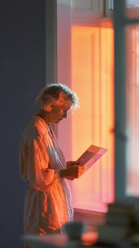 窗边整理旧唱片 / adult woman stands beside a tall window holding one old record sleeve · Portrait