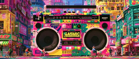 糖彩都市的巨大音箱街景 / large portable speaker standing at the center of a playful toy-like city · Panoramic