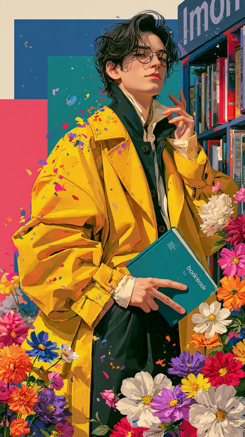 金黄青蓝的街头女书店员 / bespectacled bookseller wearing a bright yellow jacket, holding one teal · Portrait
