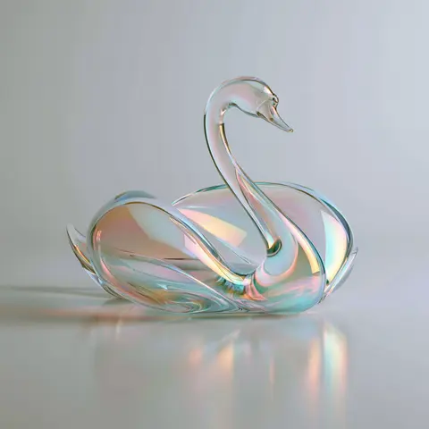 柔银虹彩的玻璃天鹅 / single smooth glass swan sculpture resting on a clean mirrored floor, its · Square