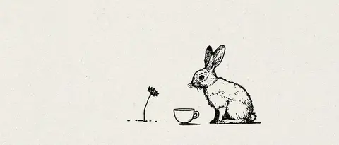 页边留白的野兔与茶杯 / tiny rabbit sits beside one small tea cup near the lower center of a broadly · Panoramic