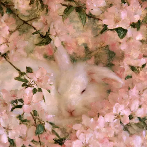 粉花雾色的园中白兔 / single white rabbit resting beside a low cluster of pale pink blossoms, its · Square