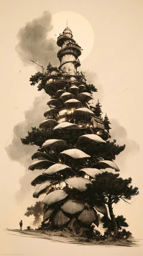 褐墨机械的巨型发条松果 / tall mechanical pinecone enclosing a small spiraling watchtower, each · Portrait