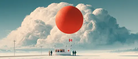 赤球白云的极简空中售亭 / small white roadside booth below a huge soft cloud bank, one smooth · Panoramic