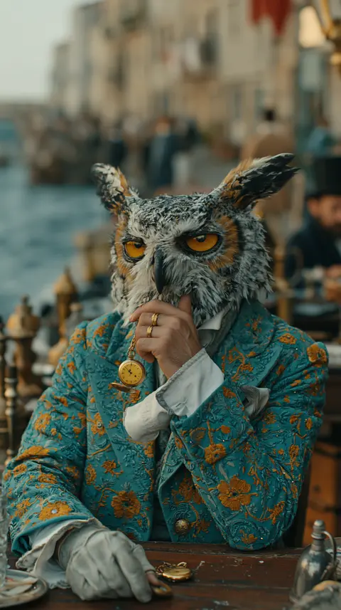 青金旧街的猫头鹰古董商 / owl-headed antique dealer wearing a teal embroidered waistcoat, standing · Portrait