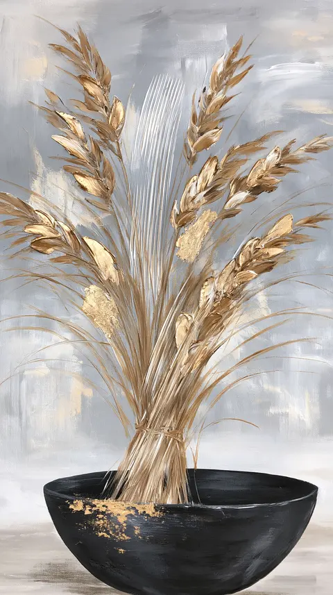 灰白金痕里的芦苇束 / single tall bundle of reeds rising from a simple dark vessel, its large · Portrait