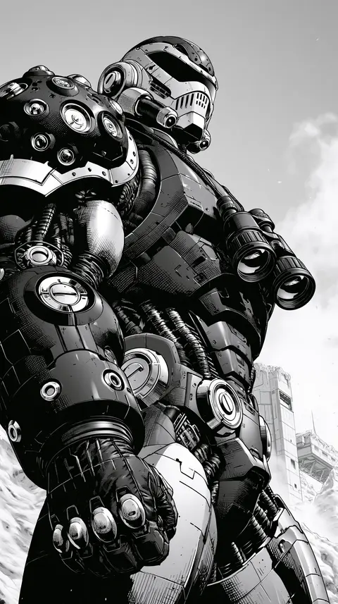 银黑漫画的冰原侦察者 / armored scout facing the viewer at the edge of a frozen outpost, a compact · Portrait