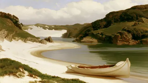 月牙形海滩 · 横幅 / Broad crescent beach surrounds a calm inlet · Landscape