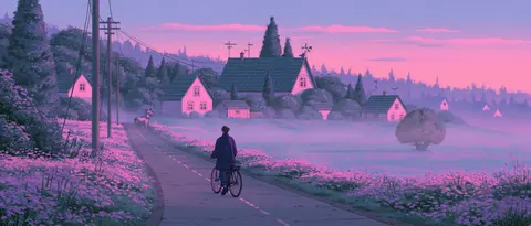 薰紫粉雾的山村缓行 / lone cyclist walking one bicycle along a quiet village road, small pale · Panoramic