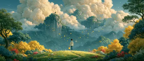 青金云野的山坡寻灯人 / small traveler carrying one golden lantern across a wide grassy hill, · Panoramic