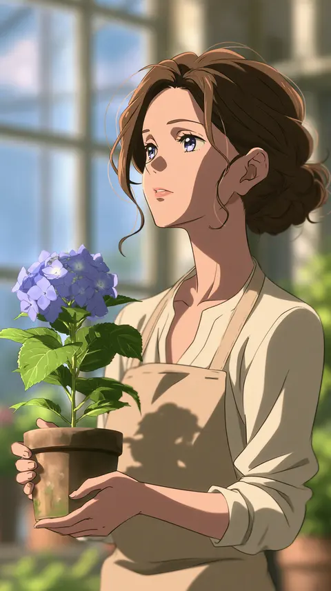 浅紫晴窗的花房实习生 / greenhouse assistant holding one small hydrangea pot beside a sunlit window, · Portrait