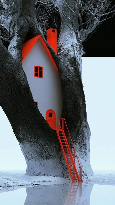林中的旅馆 · 竖幅 / Tiny welcoming inn is built into the hollow of a large tree · Portrait