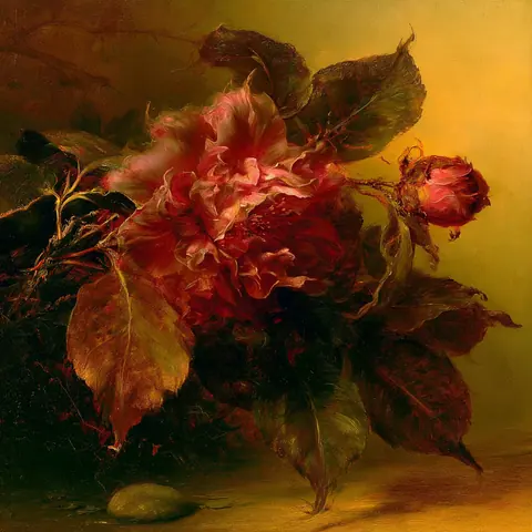 山茶与新叶 · 方幅 / Flowering camellia branch spreads with clearly separated leaves · Square