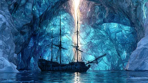 冰蓝晶片马赛克 · 新创作横幅 / glacier cave shelters a stranded sailing ship, whose mast reaches through a · Landscape