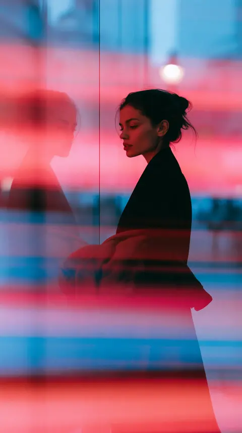 霓虹橱窗旁的独行人 / adult woman stands beside a tall city shop window holding a folded jacket · Portrait