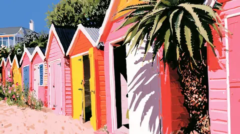 粉墙盛夏速写 · 新创作横幅 / row of beach changing cabins ends at an enormous agave, whose spreading · Landscape