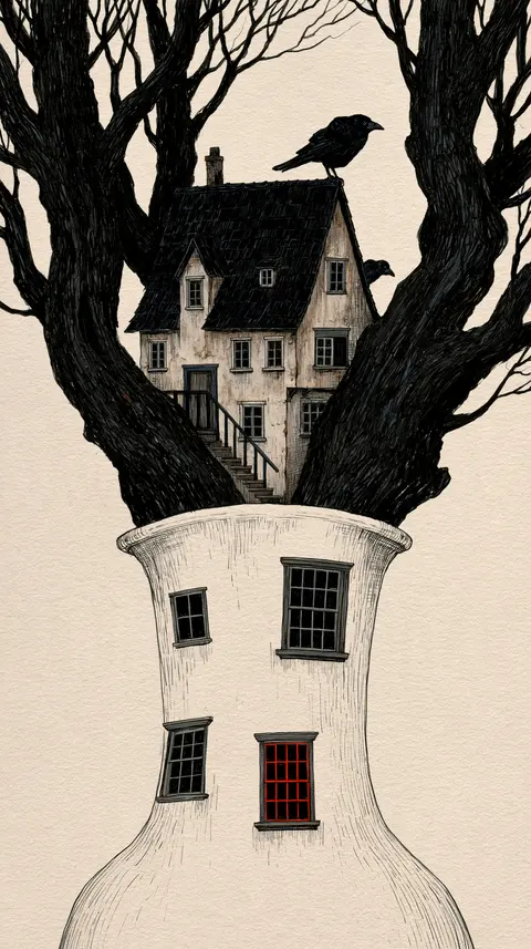 花器里长出的尖顶小屋 / tall narrow flower vase supports one tiny steep-roofed cottage among its · Portrait