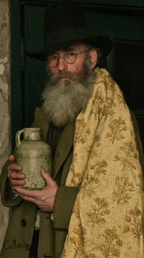 橄榄旧壁的老人茶盒 / elderly tea merchant holding one simple ceramic storage jar against a long · Portrait