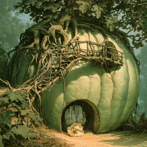 青瓷古园纪事 · 新创作方幅 / hollow winter melon supports a tiny bridge of intertwined roots, with one · Square