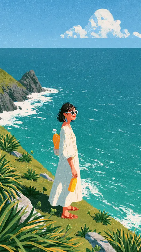 青柠海边的果汁女店员 / woman wearing sunglasses carrying one yellow juice bottle beside a small · Portrait